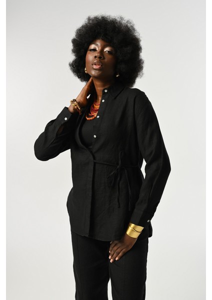 Kadın %100 Keten Önü Bağlama Detaylı Gömlek fiyatları