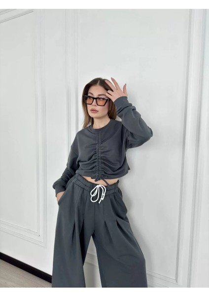 Uzun Kollu Önü Ip Büzgülü Crop ve Pantolon Ikili Takım - Antrasit