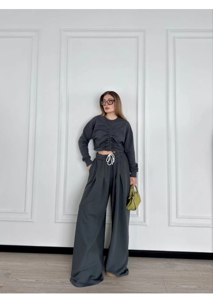 Uzun Kollu Önü Ip Büzgülü Crop ve Pantolon Ikili Takım - Antrasit fiyatları