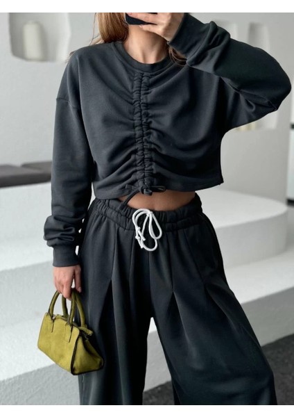 Uzun Kollu Önü Ip Büzgülü Crop ve Pantolon Ikili Takım - Antrasit fırsatları