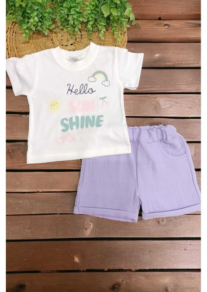 Kız Bebek Güneş Desenli 2'li Alt Üst Müslin Şortlu Takım Yazlık Ince %100 Pamuk