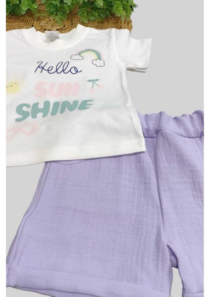 Kız Bebek Güneş Desenli 2'li Alt Üst Müslin Şortlu Takım Yazlık Ince %100 Pamuk modelleri