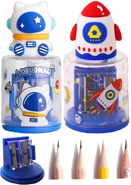 Uzay Astronot ve Uzay Mekiği Roket 2 Li Kalem Traş 2 Adet Hazneli Kalemtraş Kalem Açaçağı Fiğürlü Jumbo ve Standart Uç