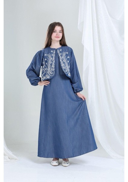 Nakışlı Ceketli Pamuk Keten Elbise Mavi