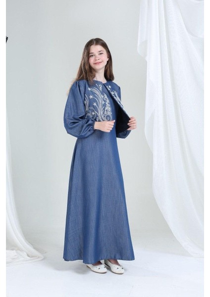 Nakışlı Ceketli Pamuk Keten Elbise Mavi modelleri