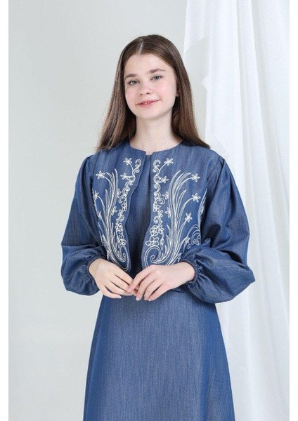 Nakışlı Ceketli Pamuk Keten Elbise Mavi fırsatları