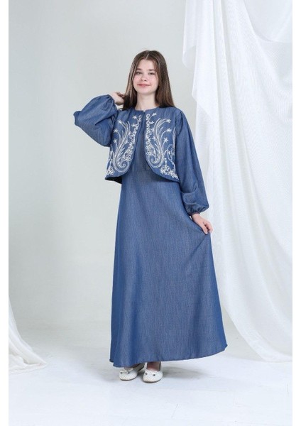 Nakışlı Ceketli Pamuk Keten Elbise Mavi indirimleri