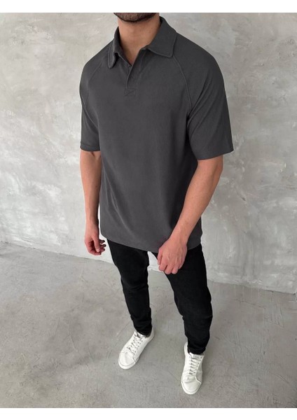 Yakalı Patlı Kısa Kol T-Shirt - Antrasit