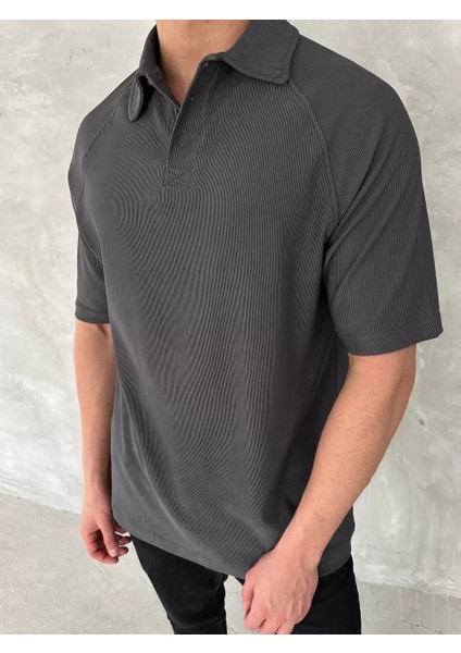 Yakalı Patlı Kısa Kol T-Shirt - Antrasit modelleri