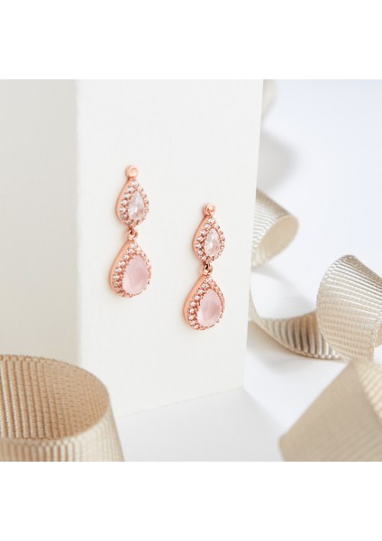 925 Ayar Rose Kaplama Damla Kuvars Taşlı Gümüş Küpe