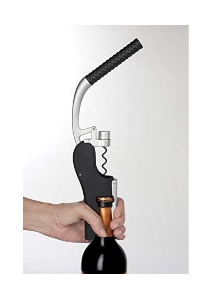 Çinko Alaşımı ve Elastomerden Üretilen Tirbuşon. Folyo Kesicili Şarap Açacağı Aksesuarı. Modern ve Hafif El Tipi Şişe Açacağı. Gümüş ve Siyah Renk modelleri