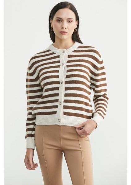 Çizgili Metal Düğmeli Triko Hırka - Kahve