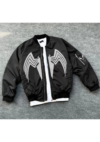 Unisex Siyah Bomber Mont – Venom Beyaz Örümcek Logolu, Fermuarlı Cepli, Kapitone Astarlı Günlük Mont - Siyah fırsatları