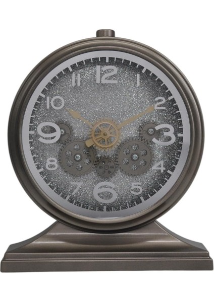 Mark Premium Serisi Modern Kadranlı Döner Çarklı 32X28 cm Ev ve Ofis Masa ve Duvar Saati Latin Rakamlı Simli Gri