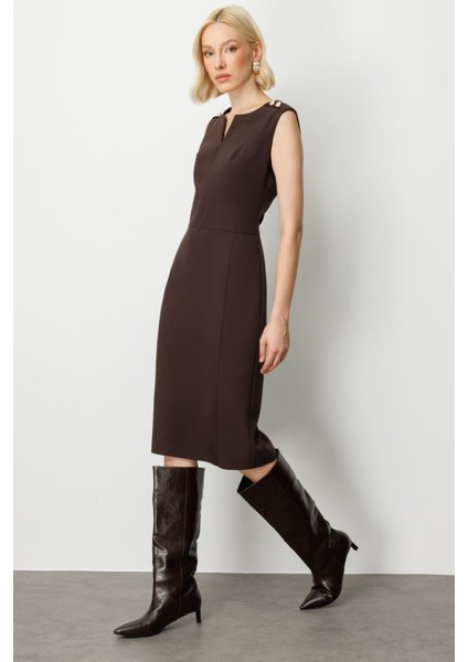 Kadın Süs Düğme Detaylı Kolsuz Elbise 4015 Kahverengi fiyatları