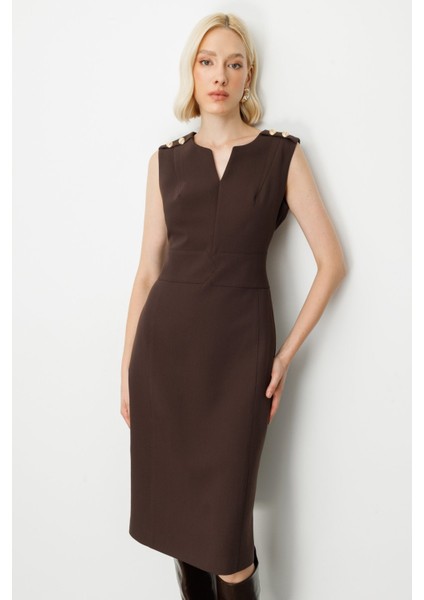 Kadın Süs Düğme Detaylı Kolsuz Elbise 4015 Kahverengi modelleri