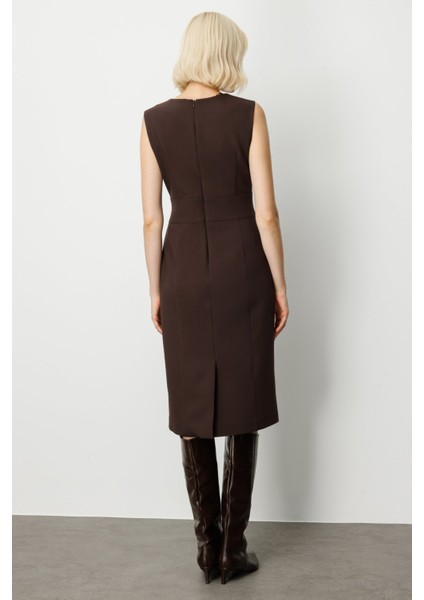 Kadın Süs Düğme Detaylı Kolsuz Elbise 4015 Kahverengi fırsatları