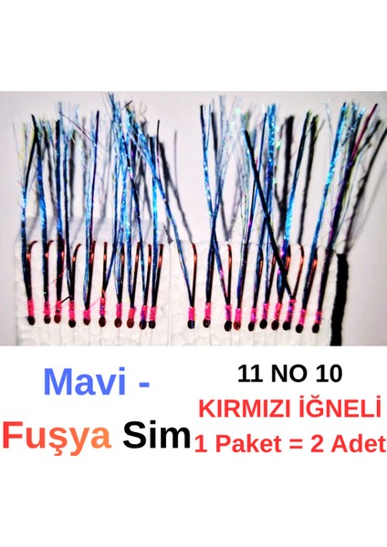 Çapari Istavrit Çaparisi, 20x12 Beden, Mavi - Fuşya Sim, 11 No Kırmızı Iğne, 10 Iğneli, 2li Paket