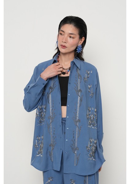 Kadın Önü Boncuk ve Taş Işlemeli Oversize Gömlek fiyatları