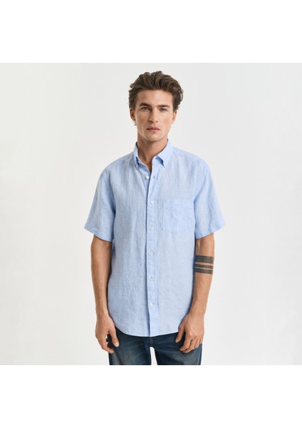 Erkek Mavi Regular Fit Düğmeli Yaka Keten Gömlek