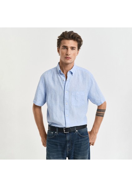 Erkek Mavi Regular Fit Düğmeli Yaka Keten Gömlek fiyatları