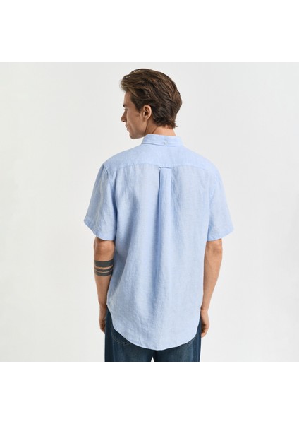 Erkek Mavi Regular Fit Düğmeli Yaka Keten Gömlek modelleri