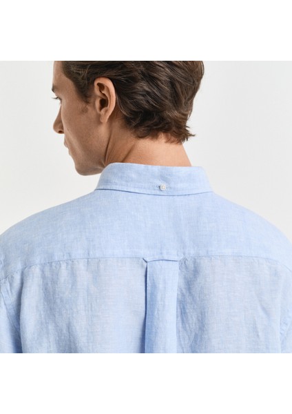 Erkek Mavi Regular Fit Düğmeli Yaka Keten Gömlek