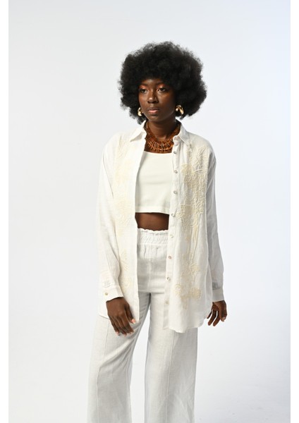 Kadın Önü Nakış ve Payet Işlemeli Beyaz %100 Keten Oversize Gömlek fiyatları