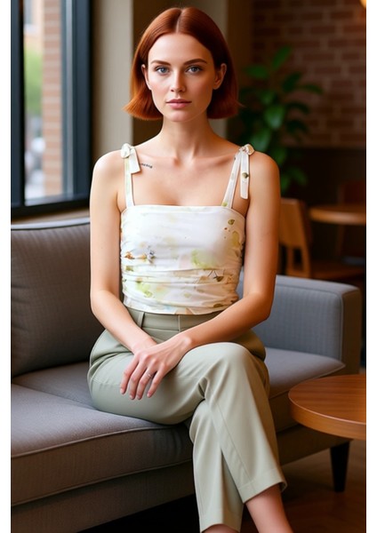 Kadın Moda Şık Crop Kare Yaka Slim Kalıp Örme Animal Leopar Desenli Bağlama Detaylı Esnek Bluz