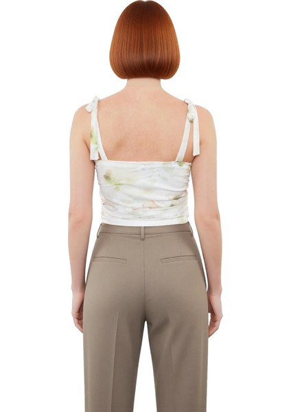 Kadın Moda Şık Crop Kare Yaka Slim Kalıp Örme Animal Leopar Desenli Bağlama Detaylı Esnek Bluz modelleri