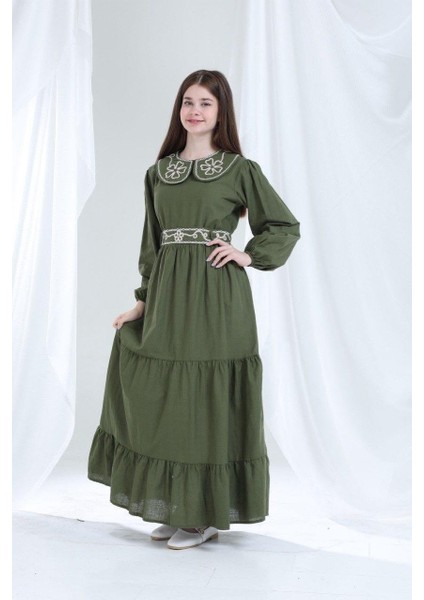 Teknik Nakışlı Pamuk Dokuma Elbise Yeşil