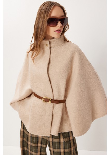 Kemerli Düğmeli Buklet Panço LMW0030 Bej