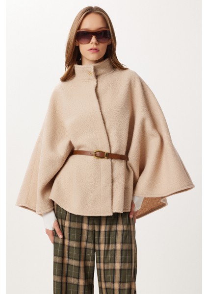 Kemerli Düğmeli Buklet Panço LMW0030 Bej modelleri