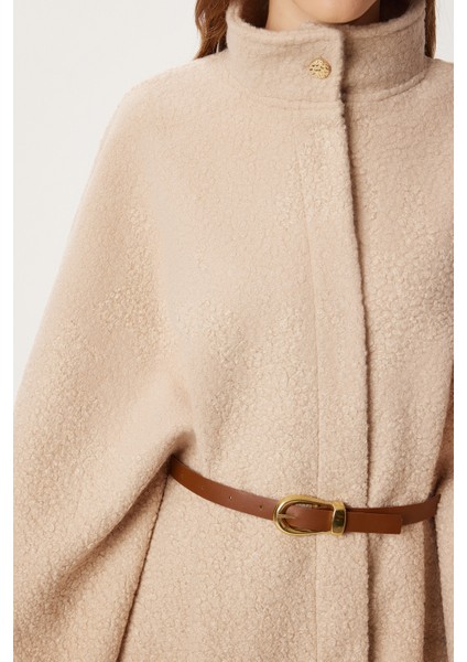 Kemerli Düğmeli Buklet Panço LMW0030 Bej fırsatları