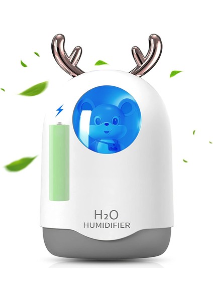 Taşınabilir Mini Nemlendirici, Soğuk Sis, Beyaz, Pille Çalışan, USB ile Çalışan, Sessiz Çalışma, Gece Lambası, 300ML, 8 Saat, Bebek Odası, Küçük Yatak Odası