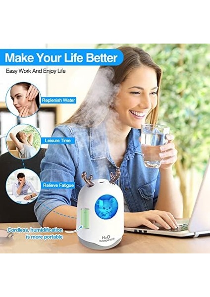 Taşınabilir Mini Nemlendirici, Soğuk Sis, Beyaz, Pille Çalışan, USB ile Çalışan, Sessiz Çalışma, Gece Lambası, 300ML, 8 Saat, Bebek Odası, Küçük Yatak Odası fiyatları