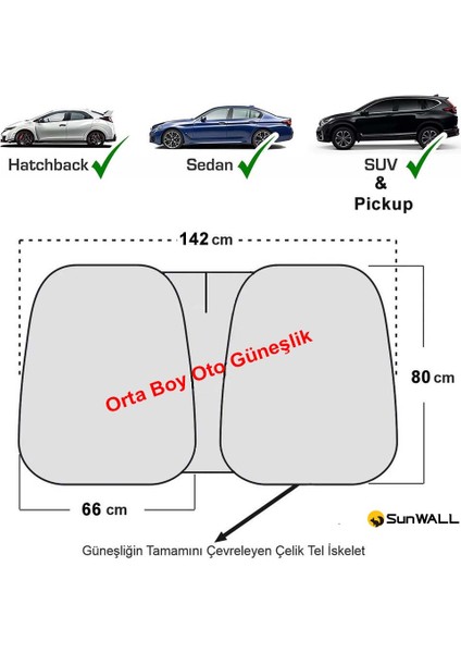 Titanyum Gümüş Oto Güneşlik Ölçüsü 142 x 80 cm Orta Boy indirimleri