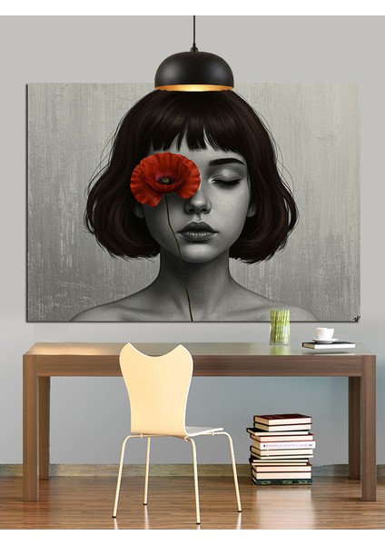 Siyah Beyaz Kız ve Çiçek Dekoratif Kanvas - Mdf Ahşap Tablo