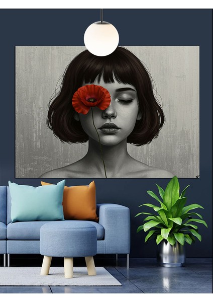 Siyah Beyaz Kız ve Çiçek Dekoratif Kanvas - Mdf Ahşap Tablo fiyatları