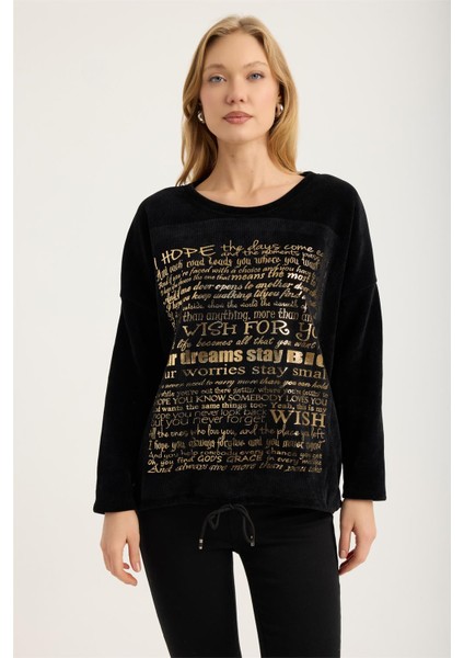 Kadife Yaldız Yazılı Bluz