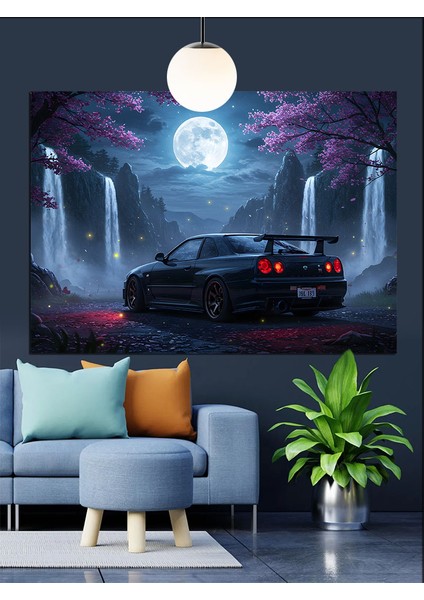 Dolunayda Siyah Klasik Araba Dekoratif Kanvas - Mdf Ahşap Tablo