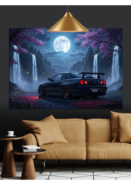 Dolunayda Siyah Klasik Araba Dekoratif Kanvas - Mdf Ahşap Tablo fiyatları