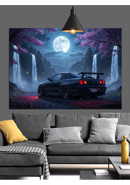 Dolunayda Siyah Klasik Araba Dekoratif Kanvas - Mdf Ahşap Tablo modelleri