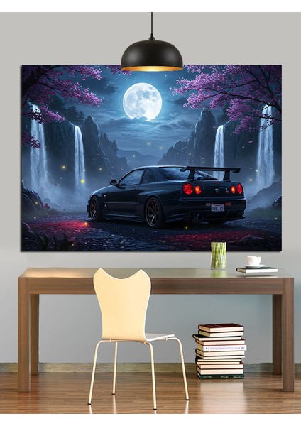 Dolunayda Siyah Klasik Araba Dekoratif Kanvas - Mdf Ahşap Tablo indirimleri