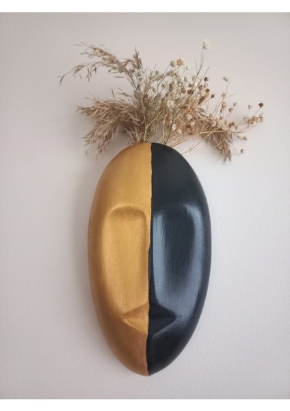 Iki Renkli Soyut Insan Yüzü Duvar Vazosu, Mask Duvar Süsü, Aksesuar Siyah-Gold