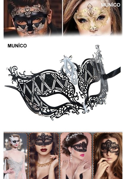 2 Adet Kristal Taşlı Siyah Metal Maske Lazer Kesim, Gümüş Detaylı Balo ve Özel Geceler Için Lüks modelleri