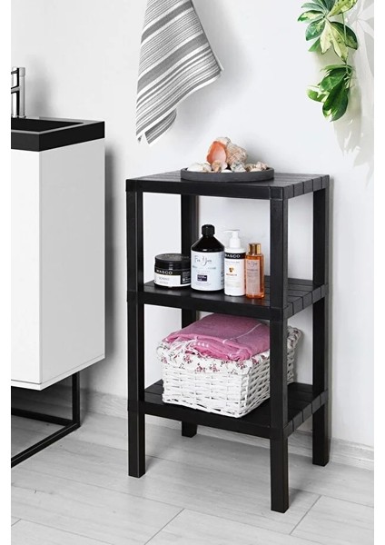 Ombeg 3 Katlı Siyah Plastik Raf Ünitesi – Kitaplık, Banyo, Mutfak ve Ayakkabılık