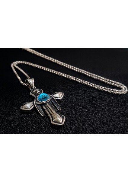Unisex Mavi Göz Cam Detaylı Çelik Haç Kolye modelleri