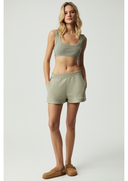 Carrol Kadın Nakış Işlemeli Beli Lastikli 3 Iplik Organik Pamuk Relaxed Gri Şort