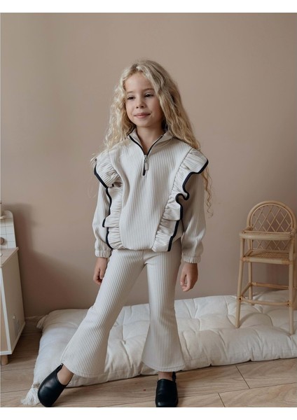 3-12 Yaş Fittili Şardonlu Kız Eşofman Takım- 7108400 - Bej